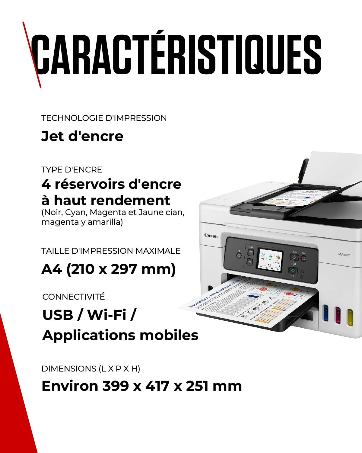 Canon MAXIFY GX4050 Imprimante A4 Couleur, pour la Maison et Le Bureau, Imprimante, Copieur, Scanner, Télécopieur Jet d'encre MegaTank Tout-en-Un, sans Fil, Connectivité Wi-FI, Ethernet et USB