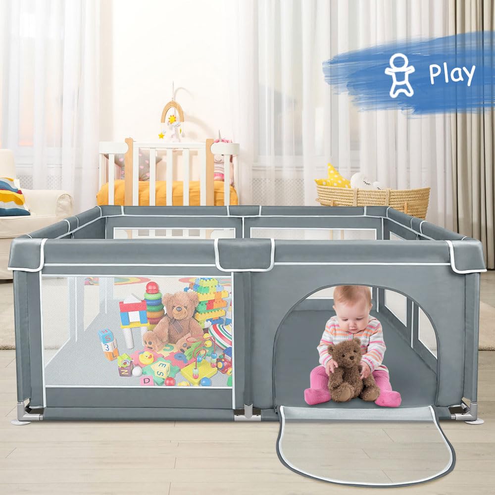 Homewell Parco per bambini sicuro, 180 x 150 cm, area giochi mit 2 accesso laterale con cerniera, barriera per bambini, borsa per il trasporto (grigio scuro)