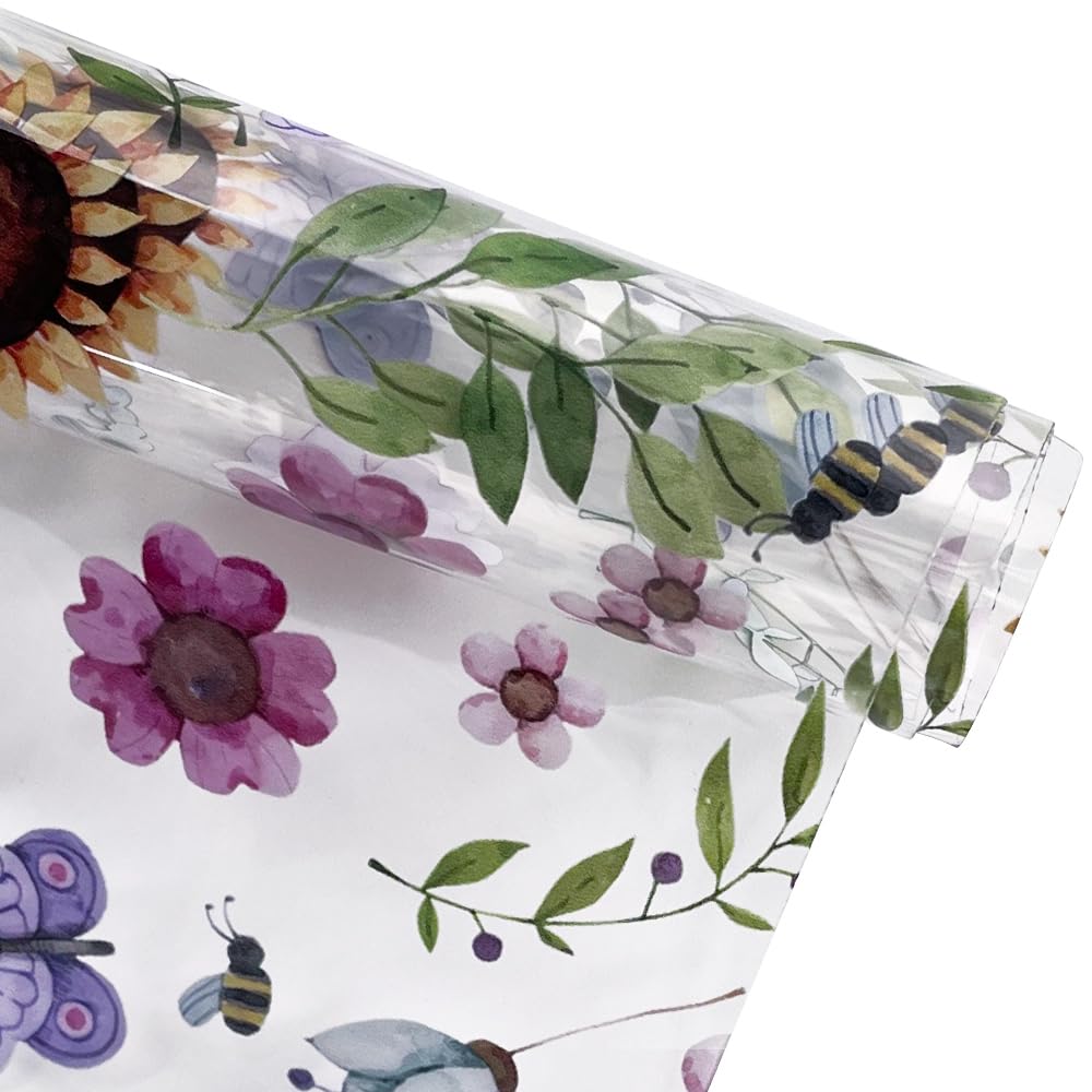 ONEART Rollo de vinilo transparente de la serie Girasol de 12 x 54 pulgadas, tela de TPU impermeable de abejas y flores para bolsos, carteras, acolchados