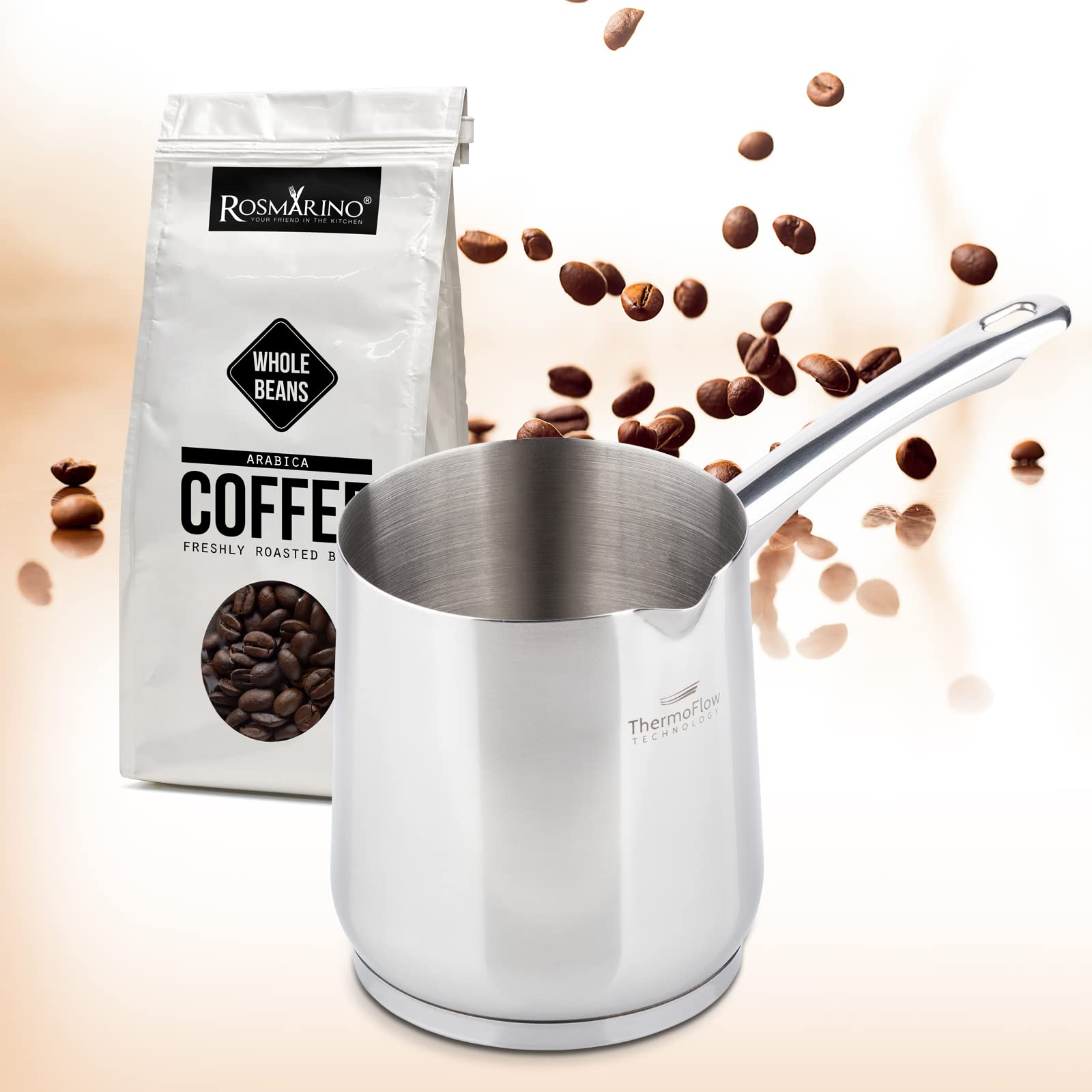 ROSMARINO Indukcyjny dzbanek do kawy Cezve ze stali nierdzewnej 300 ml – nowoczesny turecki dzbanek do kawy Cezve z 3-warstwowym stalowym dnem (300 ml (Wszystkie płyty kuchenne, 1200 ml)
