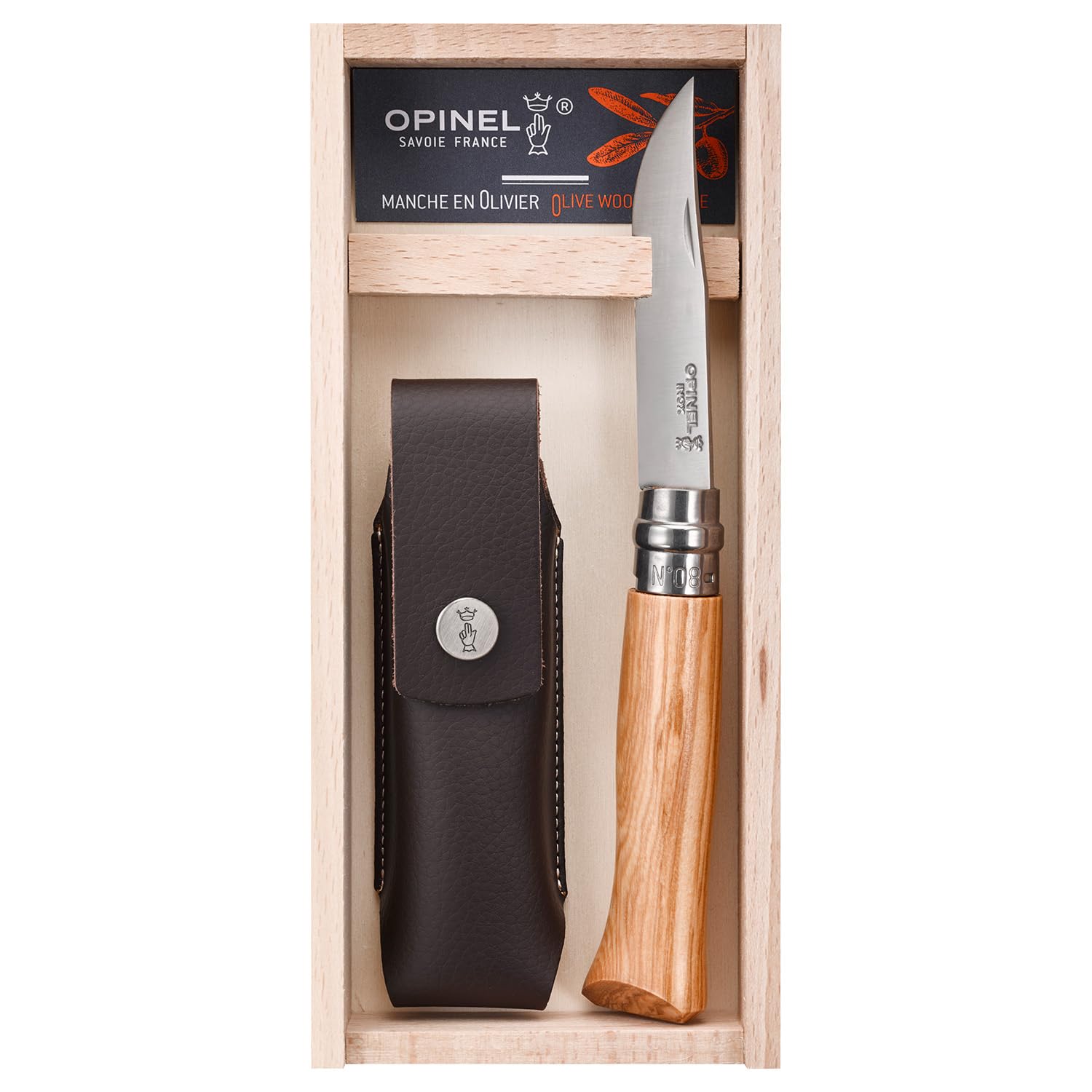 Opinel - N°08 Olivier Couteau de Poche Polyvalent + Étui Alpine - Lame 8,5 cm Acier Inox - Manche Olivier - Bague de Sécurité Virobloc - Fabrication Française