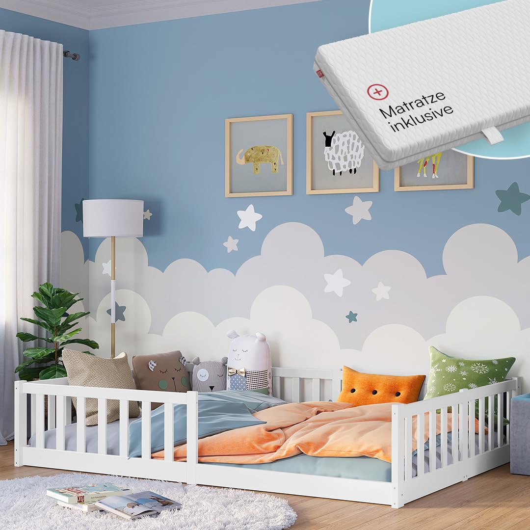 Bellabino Vere Bodenbett – Montessori Kinderbett mit Matratze, Rausfallschutz & Lattenrost – Weiß