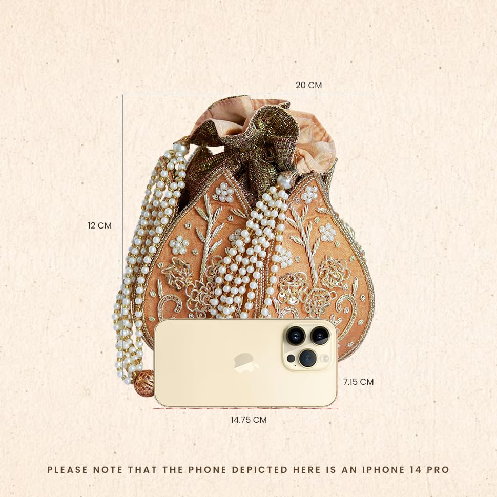 Image of THE TAN CLAN Pushp Zardozi Embroidered Mini Lotus Potli Bag - Handcrafted Silk Pouch with Intricate Zardozi & Lotus Design for Weddings, Bridal Accessories, and Special Occasions