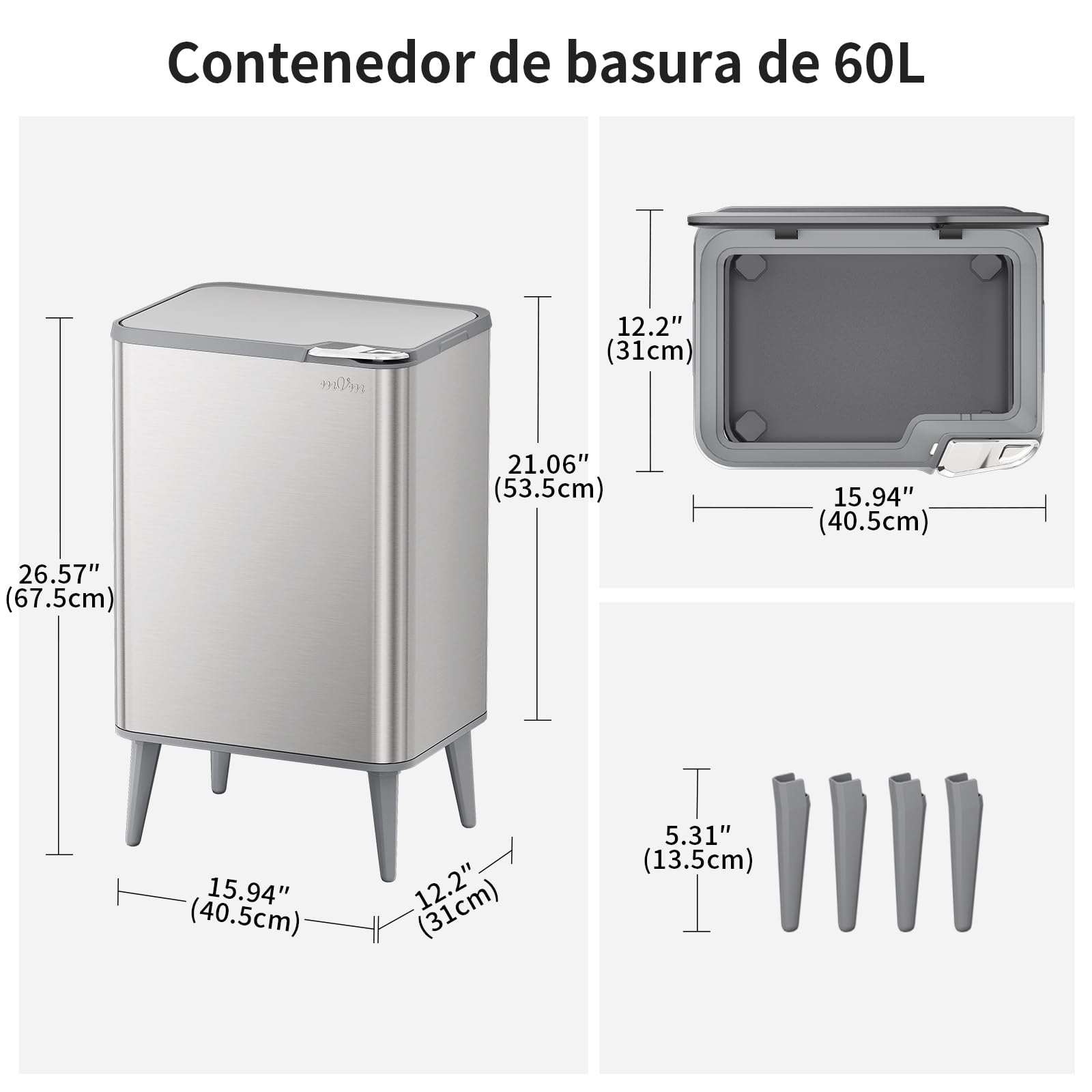 mVm Cubo de Basura con Presión Manual 60L, Acero Inoxidable Antihuellas con Soporte Desmontable, Tapa Amortiguada y Cubo Interior Extraíble