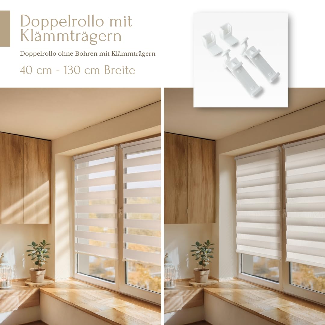 Home-Vision Premium DuoRollo Klemmfix ohne Bohren mit Klemmträgern Doppelrollo für Fenster & Türen (Weiß B80cm x H220cm) Lichtschutz Tag & Nacht Rollos einfache Montage