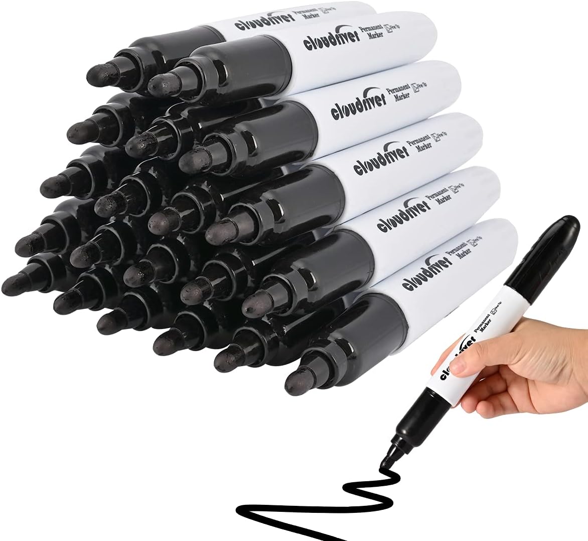 cloudriver Jumbo Size Permanent Markers, Black, 20 Pack