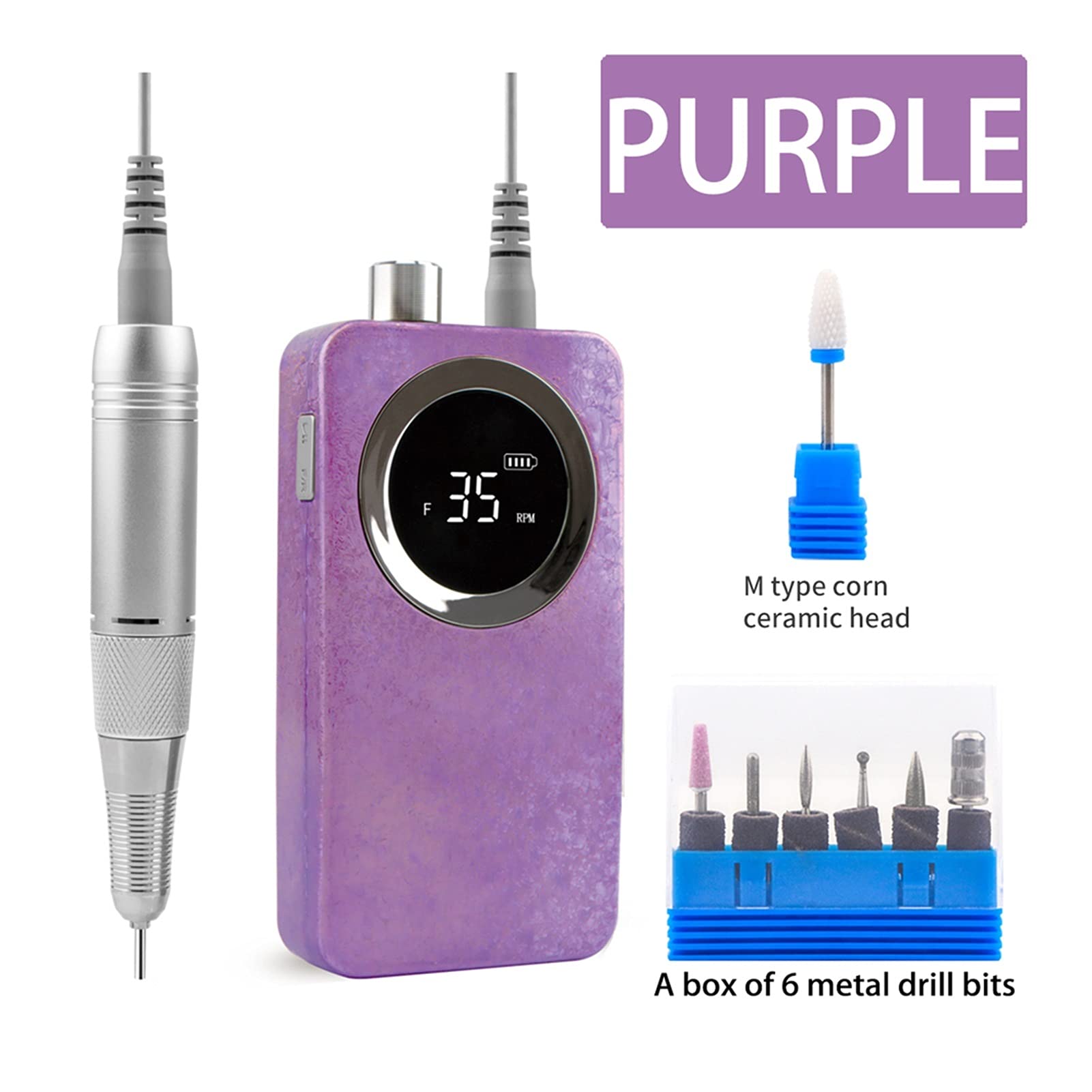 Wiertarka do paznokci Cordless Elektryczny wiertarka do paznokci 35000RPM Zestaw wiertła profesjonalnych narzędzi kosmetycznych bezprzewodowych bitów wiertniczych(Purple)