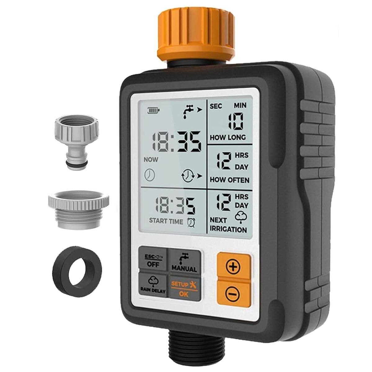 HCT-311 Digital Hose Irrigation Water Timer connected to a tap and hose, displaying its features like LCD, Timed Watering, Manual Watering, Rain Delay, Child Lock, and IPX5 waterproof rating.