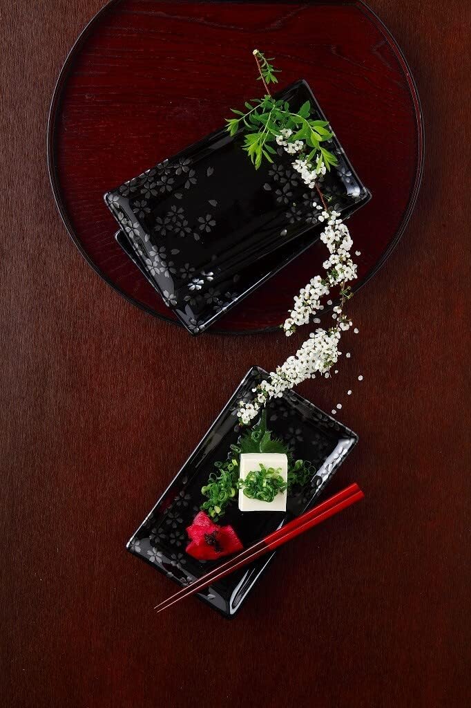 JapanBargain, Japanese Porcelain Sushi Plates Gift Set, Rectangular Dinner Plate, Black Color Plate with Silver Sakura, Made in Japan