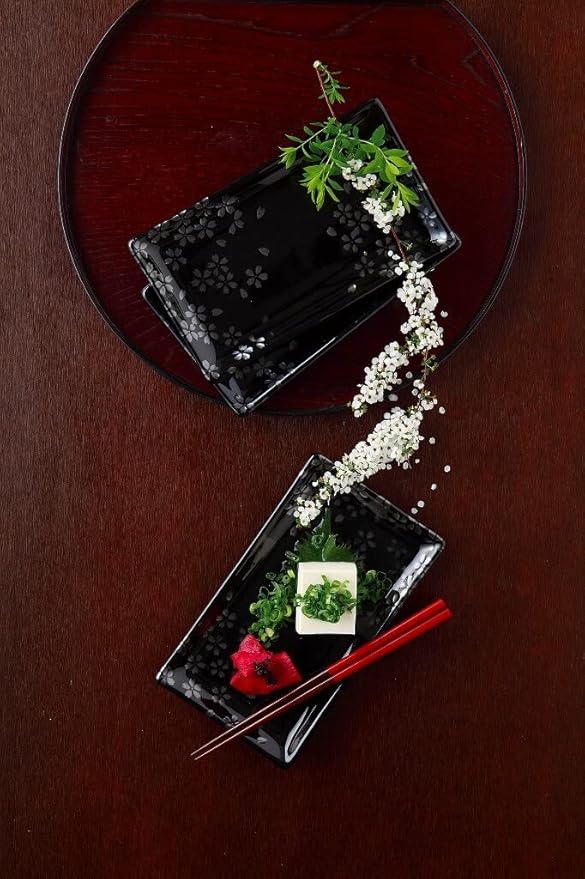 Platos de Sushi de Porcelana Japonesa, Negro con Sakura Plateada, Rectangulares miniatura 5