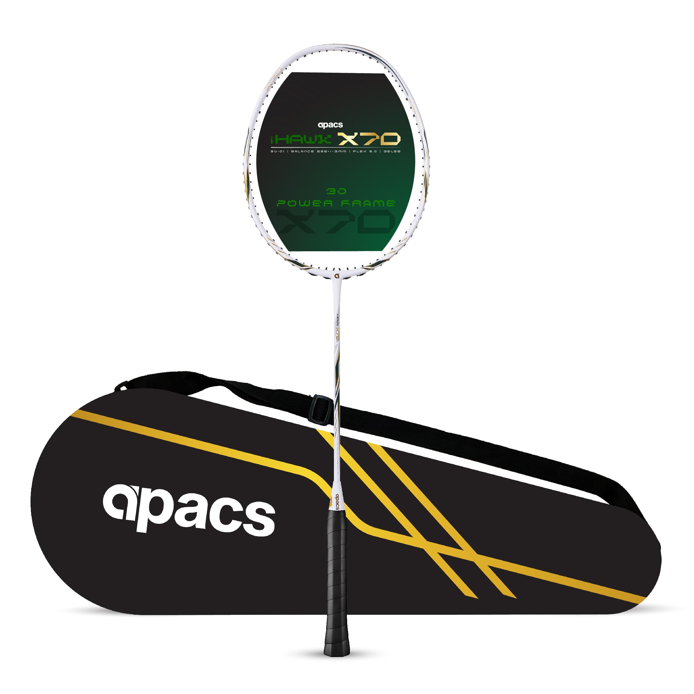 Apacs iHawk X70 (Unstrung) Full Graphite Ultra Strong Carbon Fibre (82-84g) | 35 LBS Max Tension | 3D Power Frame | Made in Vietnam Badminton Racket with Full Cover (White) (All Rounder)