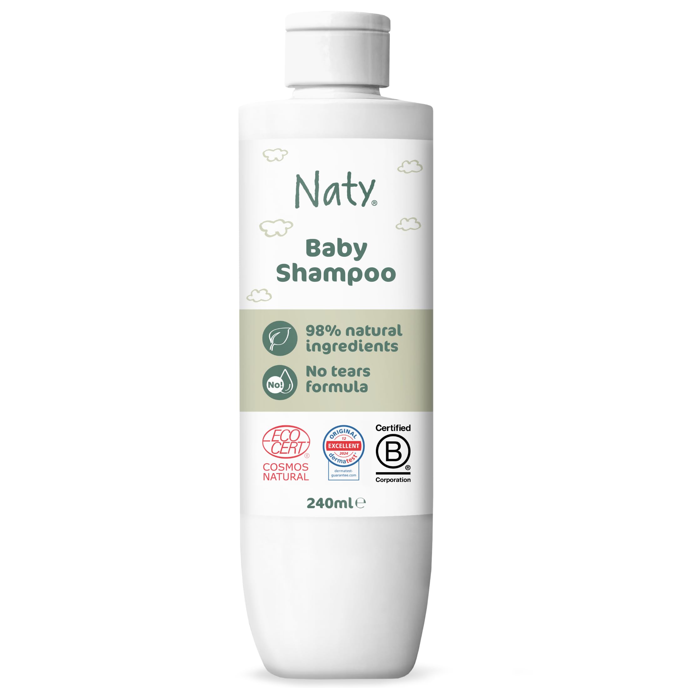 Naty Baby Shampoo 240ml – Tear Free, Vegan, Fragrance Free, Dermatologically Tested, COSMOS Natural Certified, For Sensitive Skin & Scalp, Natural Origin, Recycled Bottle
