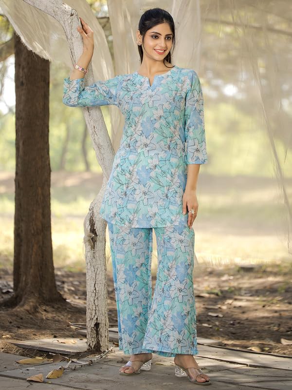 Tee Projekt Cotton Ethnic Wear Co Ord Set For Women | Travel Co Ord Set For Women Light Blue