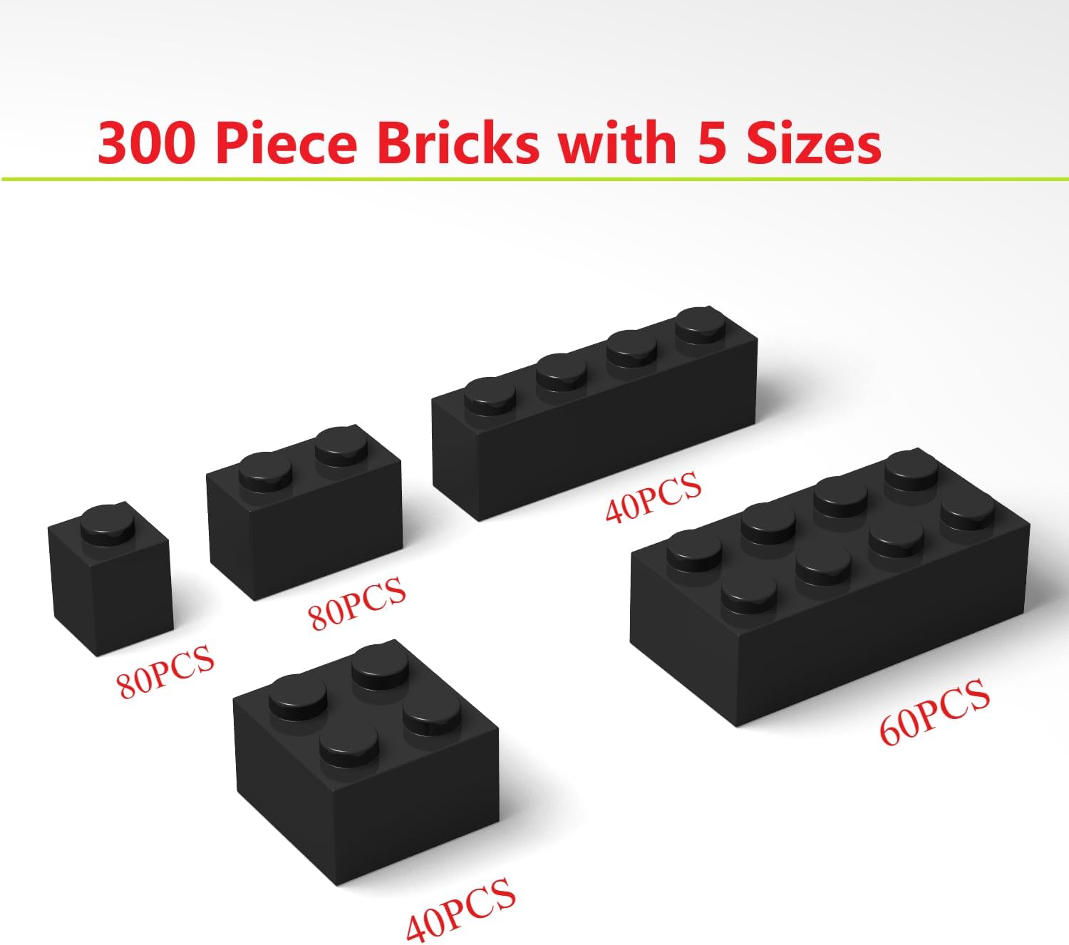 300Pcs Building Brick Bulk, Black Bulk Bricks with 5 Sizes, Compatible with Lego and Parts and Pieces, Creative Halloween Christmas Building Block Toys for Boys Girls Ages 6 7 8 9 10 Years Old