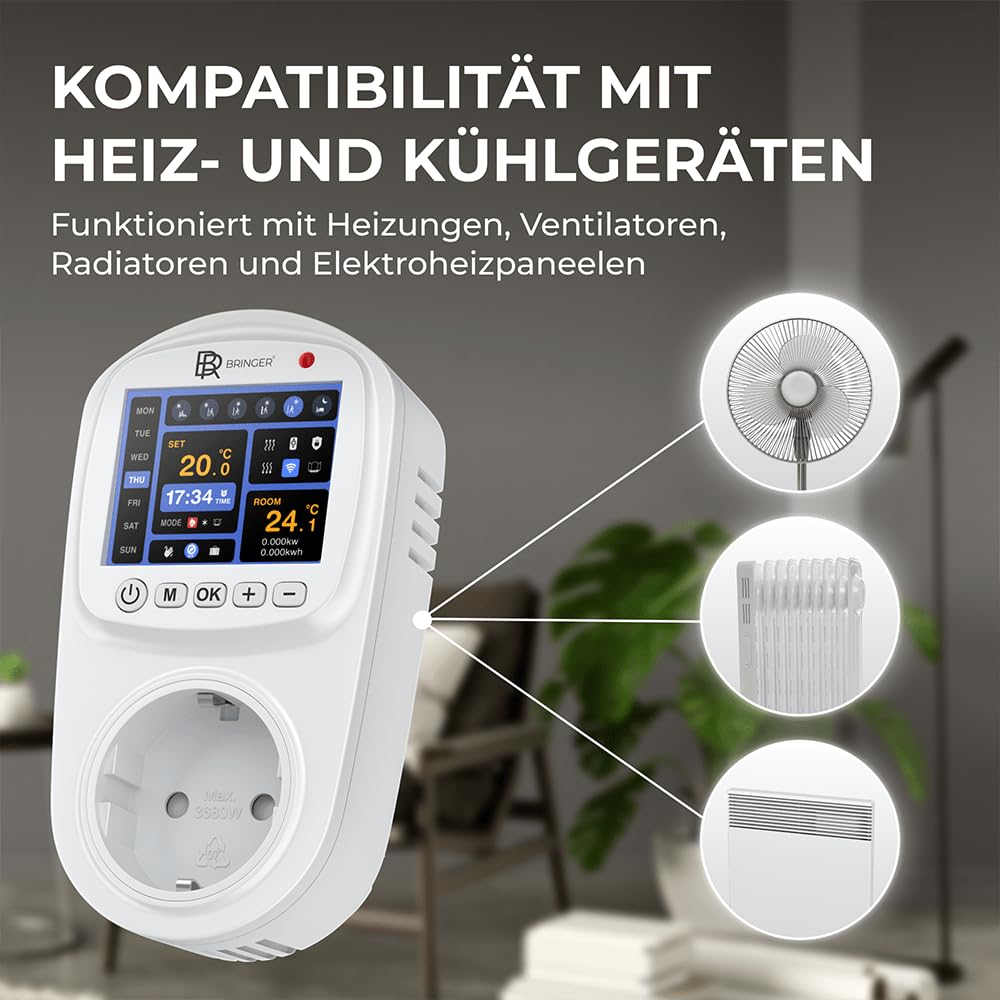 BR Bringer® Smart Thermostat Steckdose mit WLAN App und Farbdisplay | Steckdosenthermostat mit Verbrauchsanzeige, Wochenprogramm und Fenster-Offen-Erkennung - kompatibel mit Alexa und Google Home