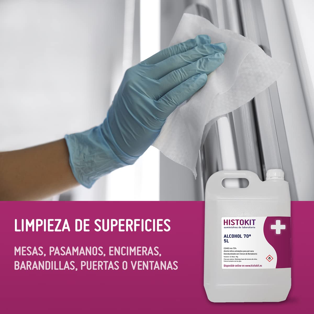 Alcohol etílico 70° antiséptico HISTOKIT 5 Litros. Etanol con benzalconio. Desinfección de piel sana y Limpieza desuperficies.