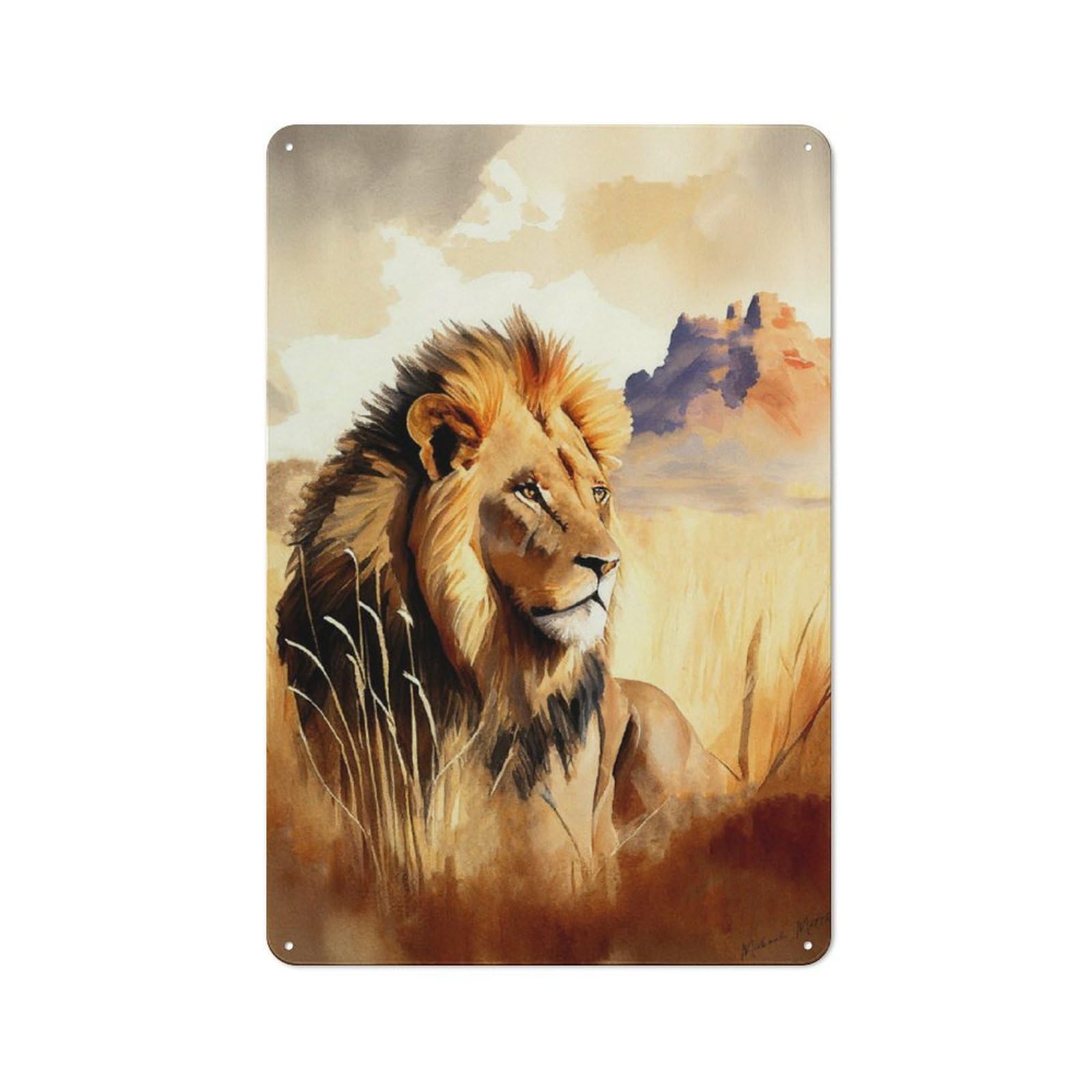 Junmoney Lion Stands In The Savanna Metal Wall Sign With Design 30X20cm, Clean Industrial Studio Wall Art For Loft, Studio, Office Or Creative Room