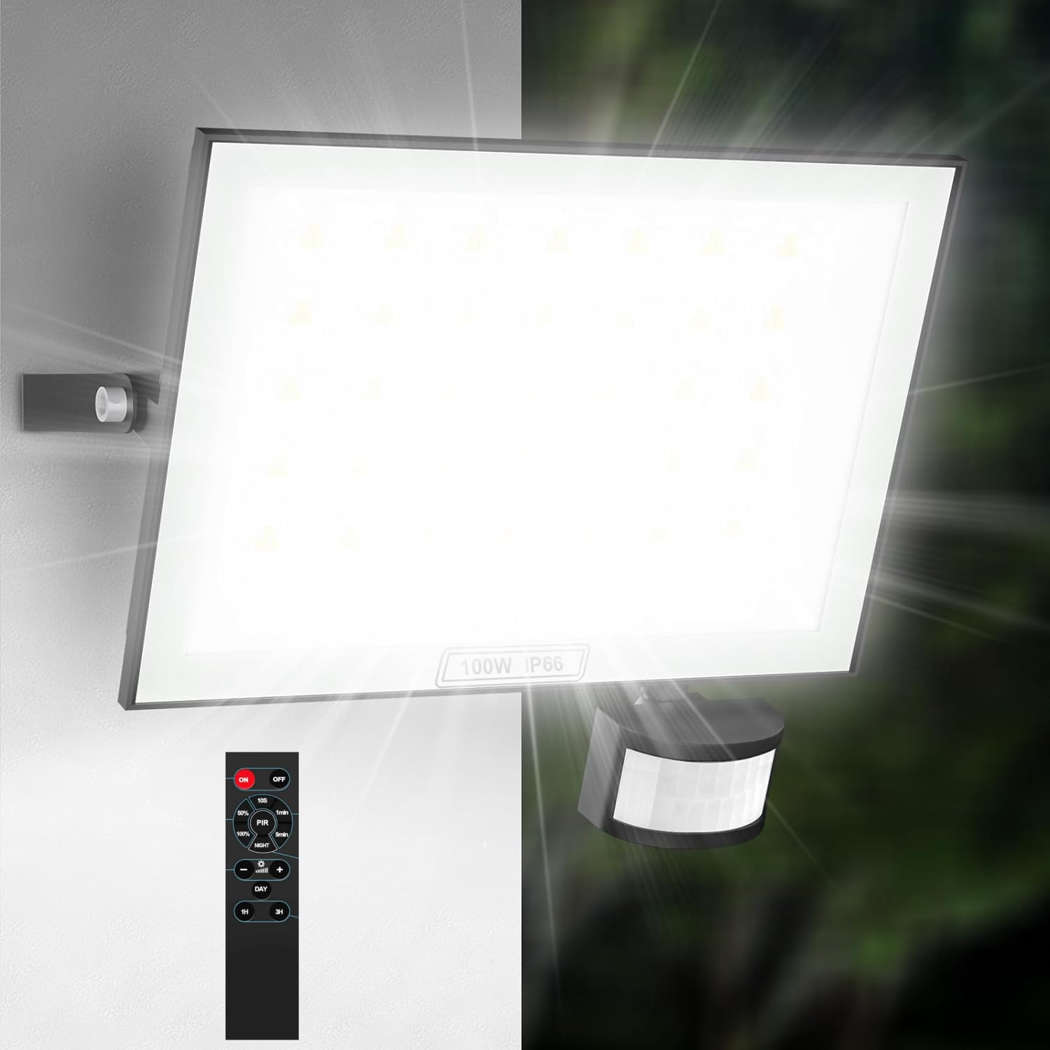 Faretto LED da 100W con Sensore di Movimento di Luce e Telecomando Temporizzato Faretto da Esterno Dimmerabile Bianco Freddo 6500K Proiettore Impermeabile IP66 per Giardino e Garage