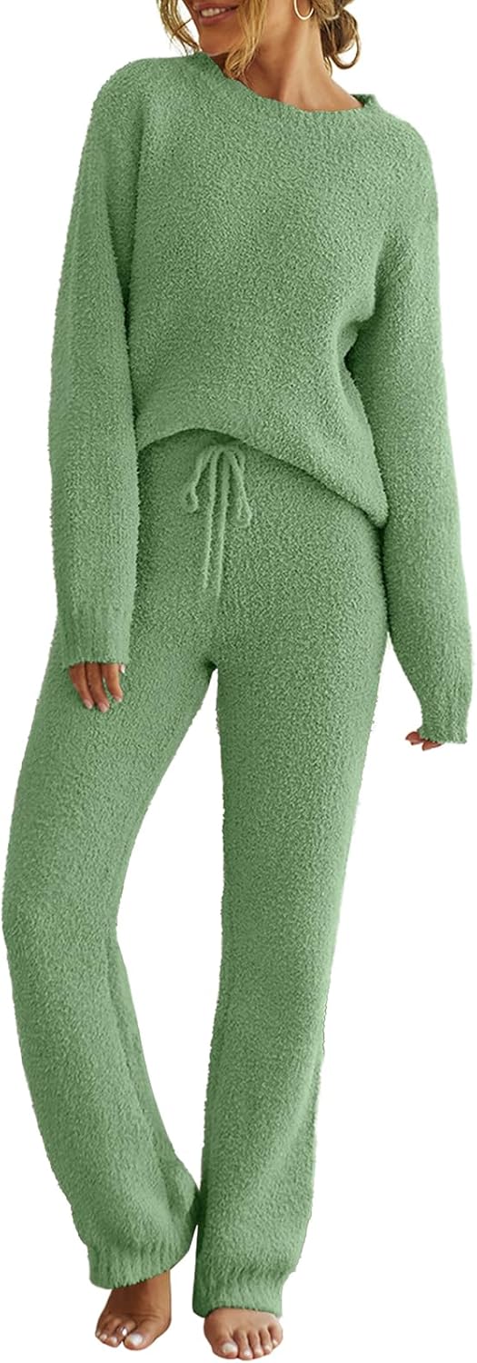 MEROKEETY Womens Pajama Sets 2025 Fall Lounge Sweater Set Cute Fuzzy Fleece 2 Piece Long Sleeve Cozy Winter Pj Outfits