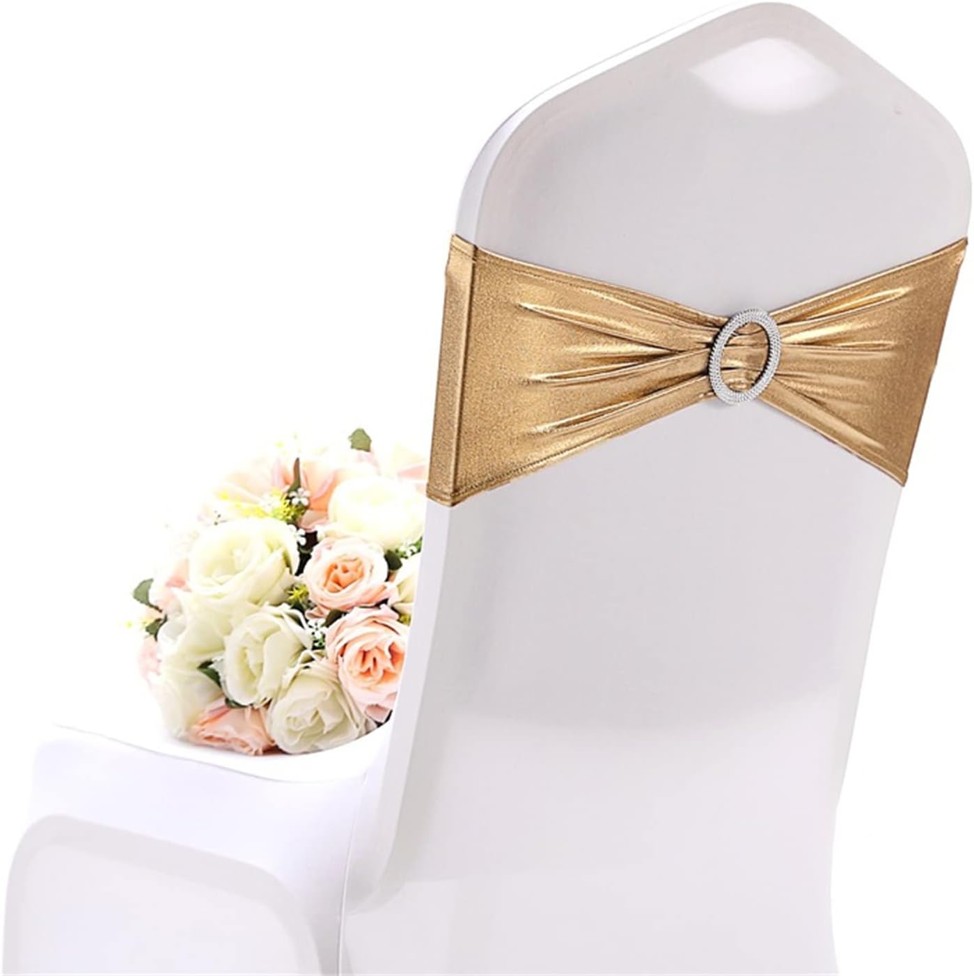 Spandex Chair Sashes Bands 100PCS Stretch Chair Cover Ties Bows with Buckle Slider Wedding Party Reception Banquet Decoration (Metallic - Gold)