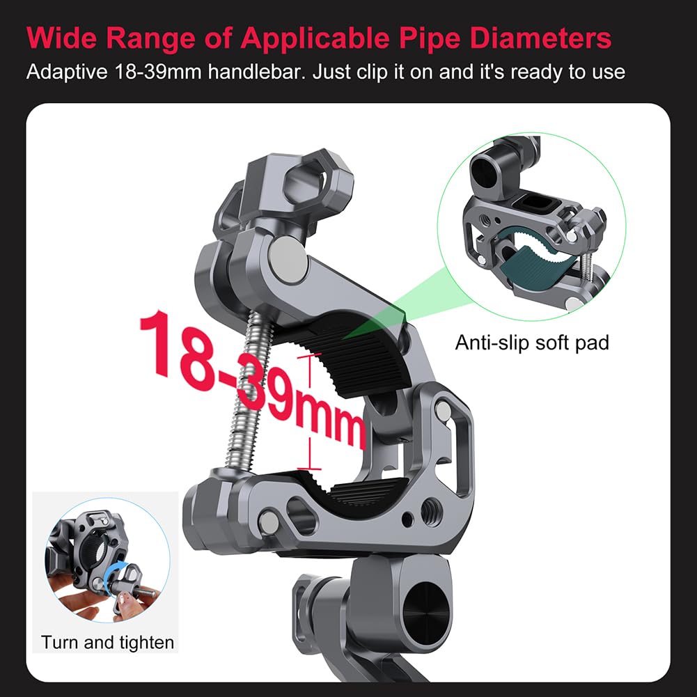 Soporte de manillar de bicicleta de 3 ejes para Insta 360 X5 y con interfaz de tornillo de 1/4 pulgadas, etc. Cámaras de acción, soporte de abrazadera de cámara súper abrazadera para