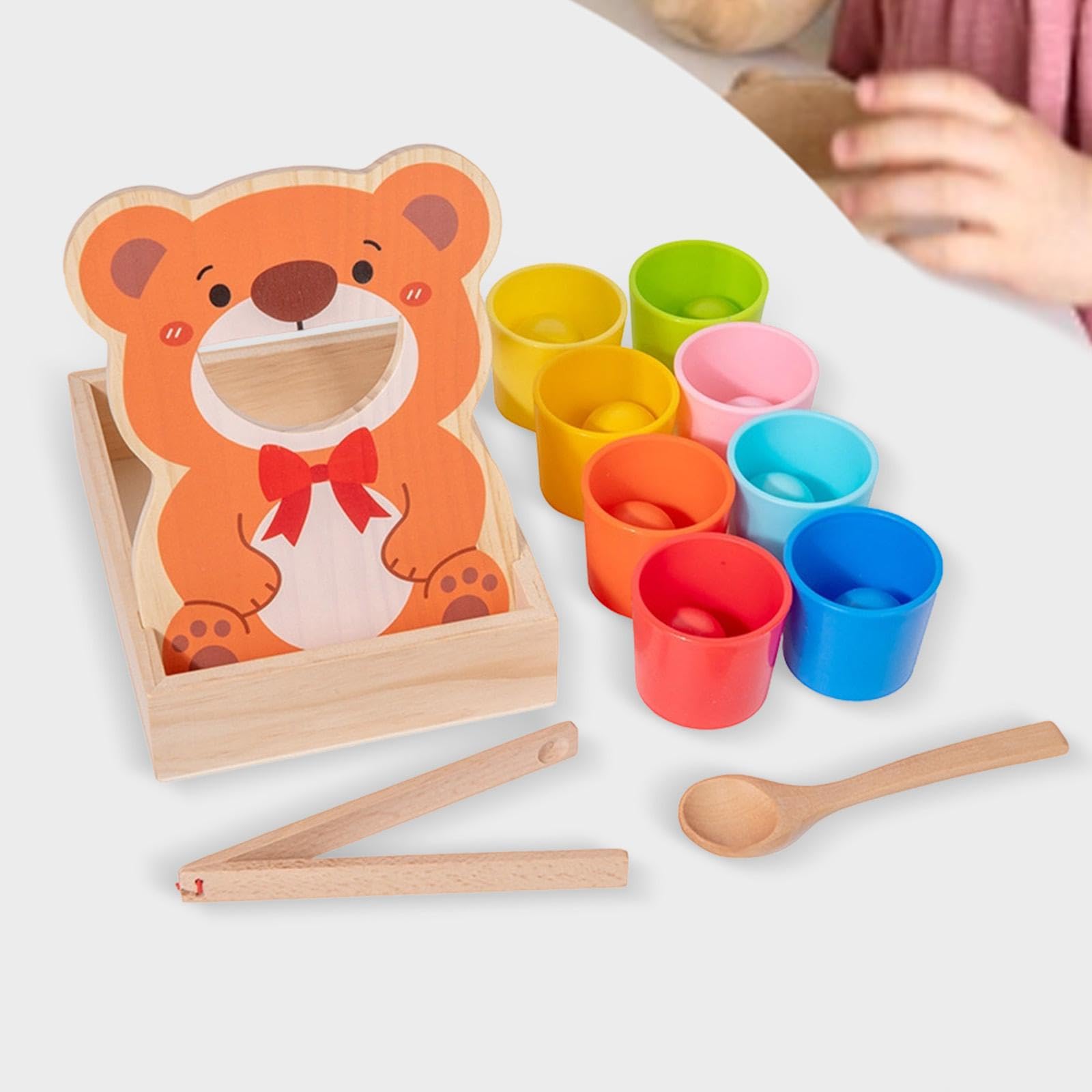 Regenbogen Bälle in Bechern Spielzeug Aus Holz mit Fütterungsspiel Bär Und Besteck für Kleinkinder Vorschulkinder Zur Förderung von Farberkennung Und, mit 8 Kugeln