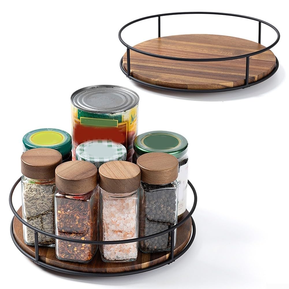 8.9'' Lazy Susan Organizer Spice Rack, Wooden Seasoning Bottle Turntable Organizer for Table Top Pantry Kitchen Cabinet, Space Saving
