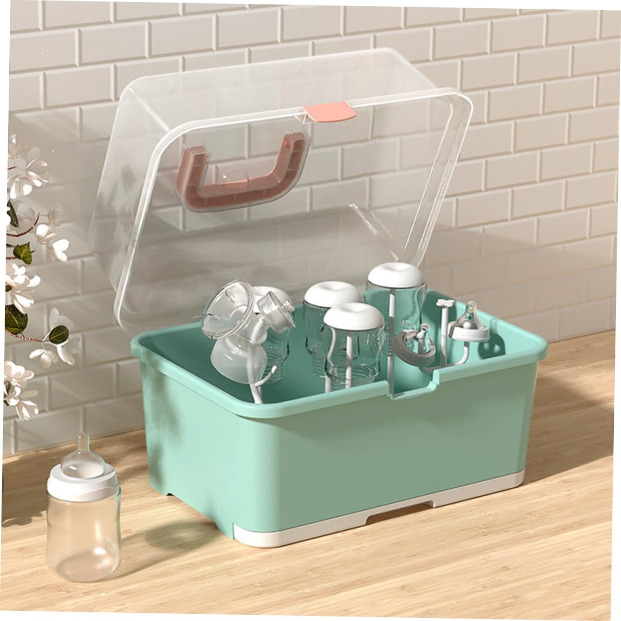 Hohopeti Babynahrungsflaschen Trockengestell mit Deckel Küchenorganizer für Babyflaschen und Zubehör Aufbewahrungsbox mit Abtropfschale Praktischer Flaschenhalter für Stillzubehör Grün