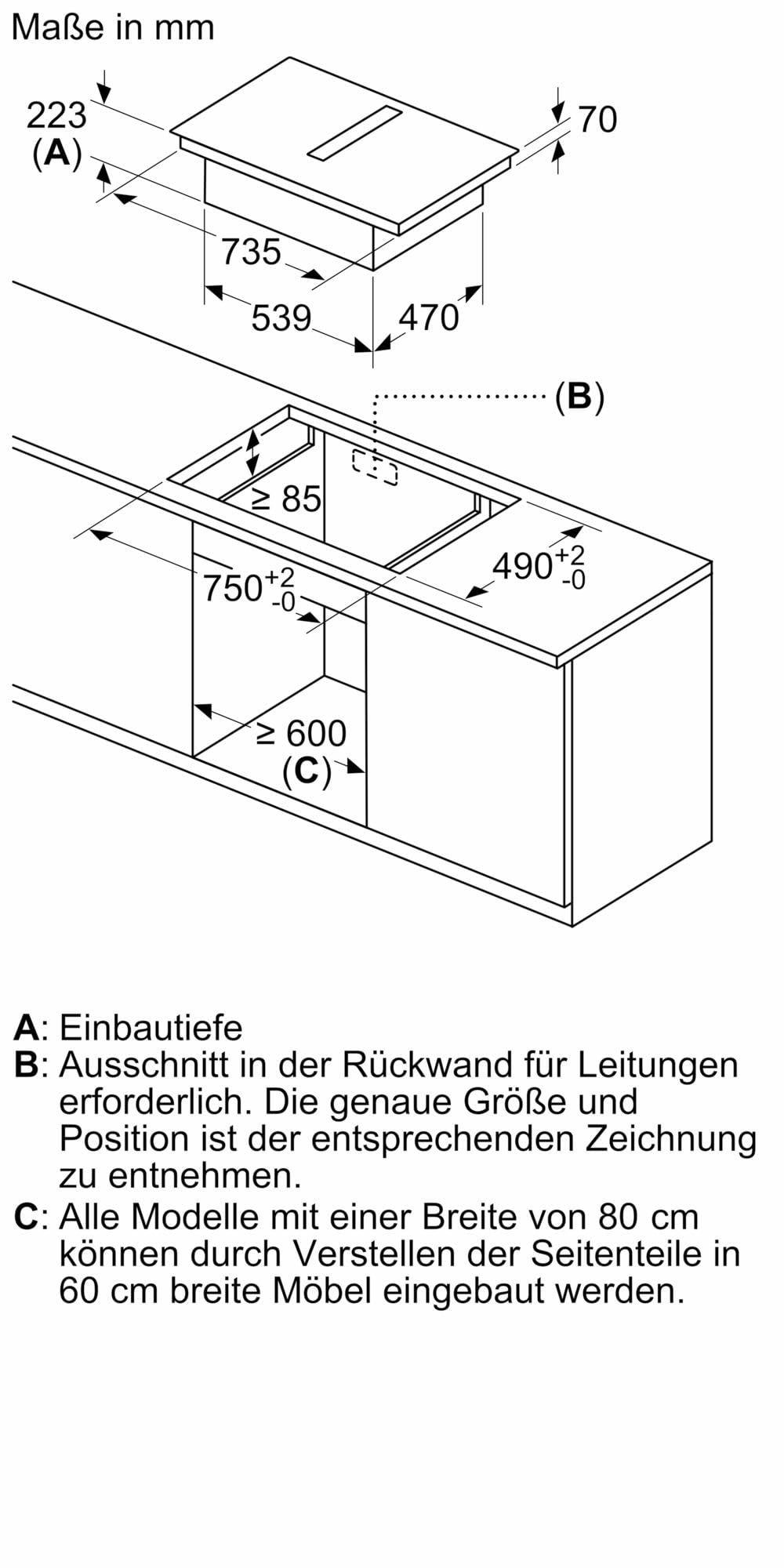 NEFF V58NHQ4L0 N 70 Induktionskochfeld mit integriertem Dunstabzug 80 cm Rahmenlos aufliegend