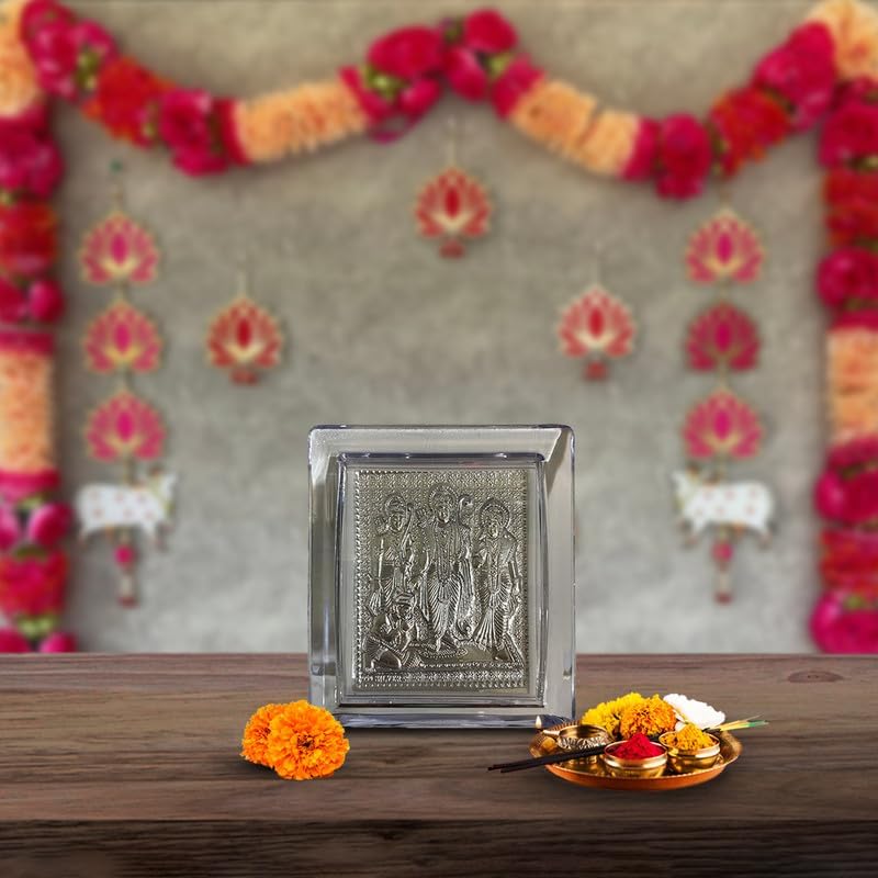 Image of Silver 999 Ram Darbaar Photo Frame for Car Dashboard, Home Decor - Ram Laxman Sita Hanuman Ji Frame for Office, Living Room, Puja, Return Gifts- 11x9x4 CM