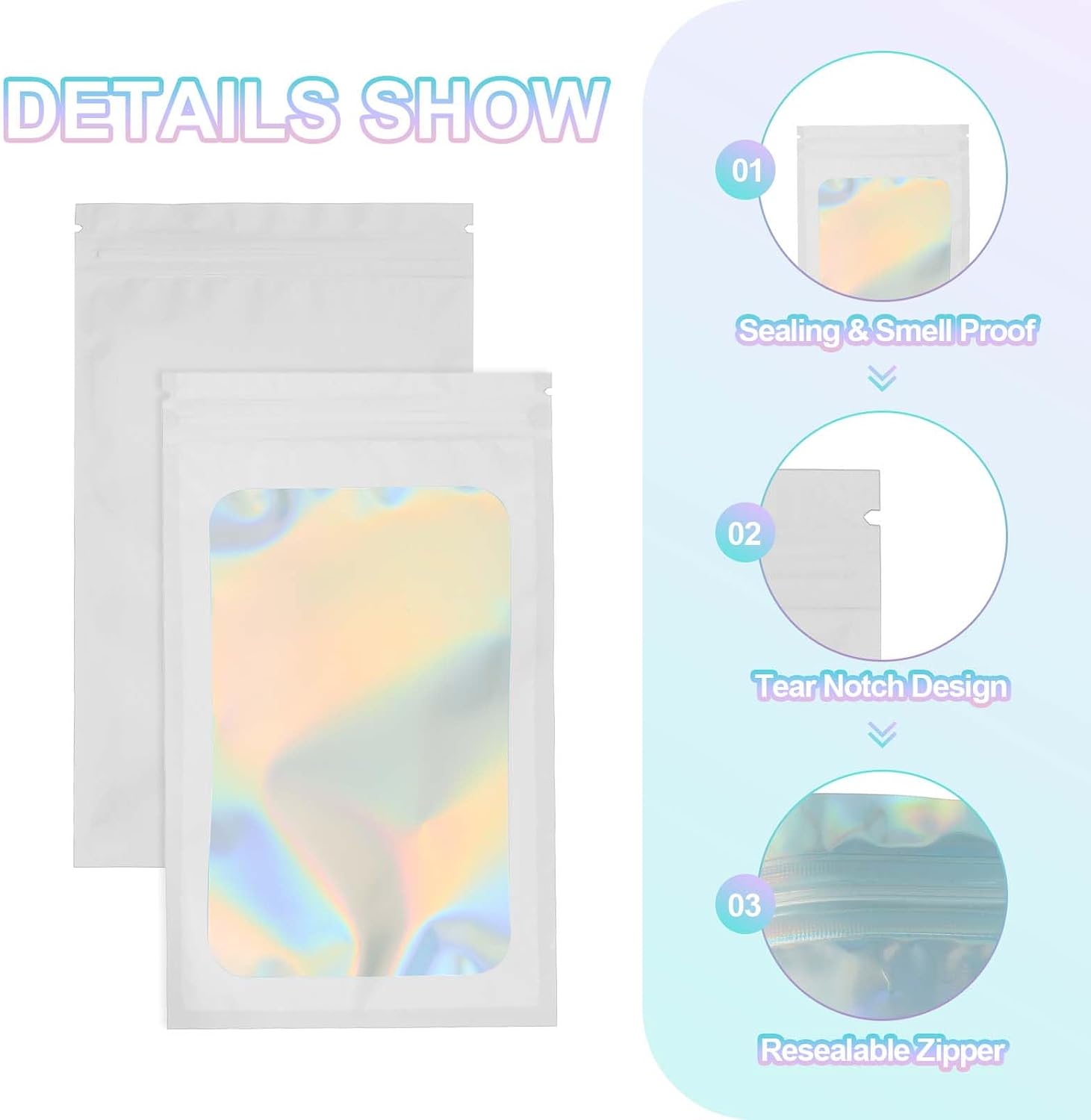 PATIKIL 5 x 8 Inch Holographic Packaging Bags, 50 Pcs Clear Window Resealable Food Storage Smell Proof Foil Pouch Bag for Small Business Party Favor Candy Jewelry, White