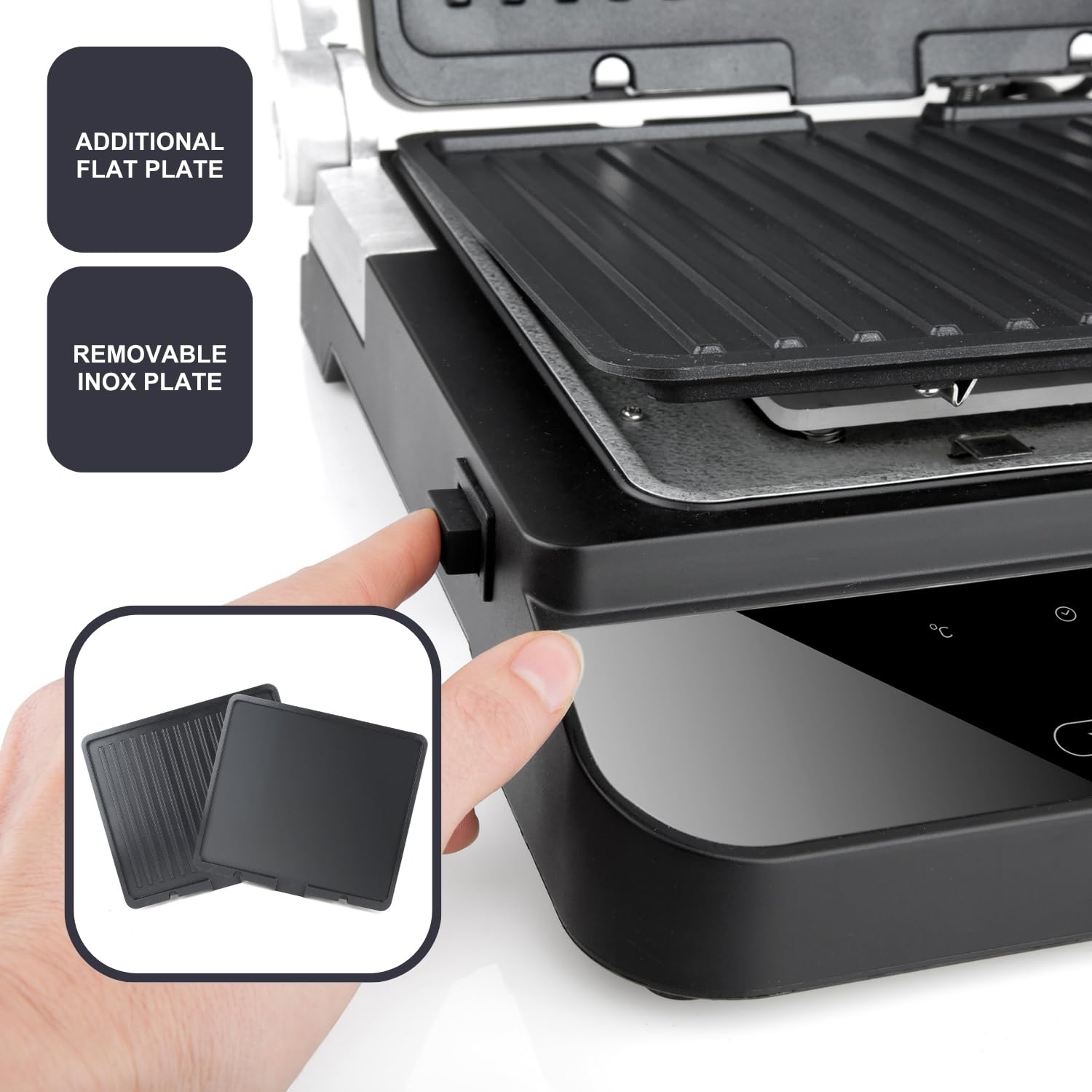 BLACK+DECKER BXGR2000E grill kontaktowy, 2000 W, 2 w 1: gładkie płyty i grill, przygotowywanie mięsa, ryb, warzyw, otwarcia 180º, kontrola temperatury i czasu z wyświetlaczem LCD