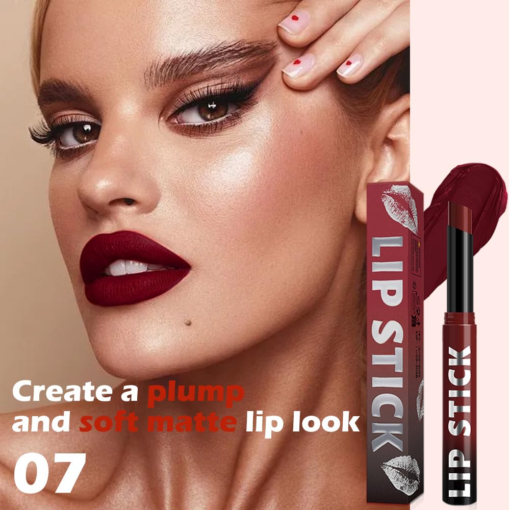 Lápiz labial mate para mujer, lápiz labial rojo cereza de 24 horas, resistente al agua, fórmula hidratante que no se seca, maquillaje de brillo de labios, vegano y libre de crueldad, 07 2