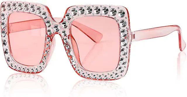 Pink Rhinestone Square Sunglasses - Large Frame Crystal Glam Party Accessories