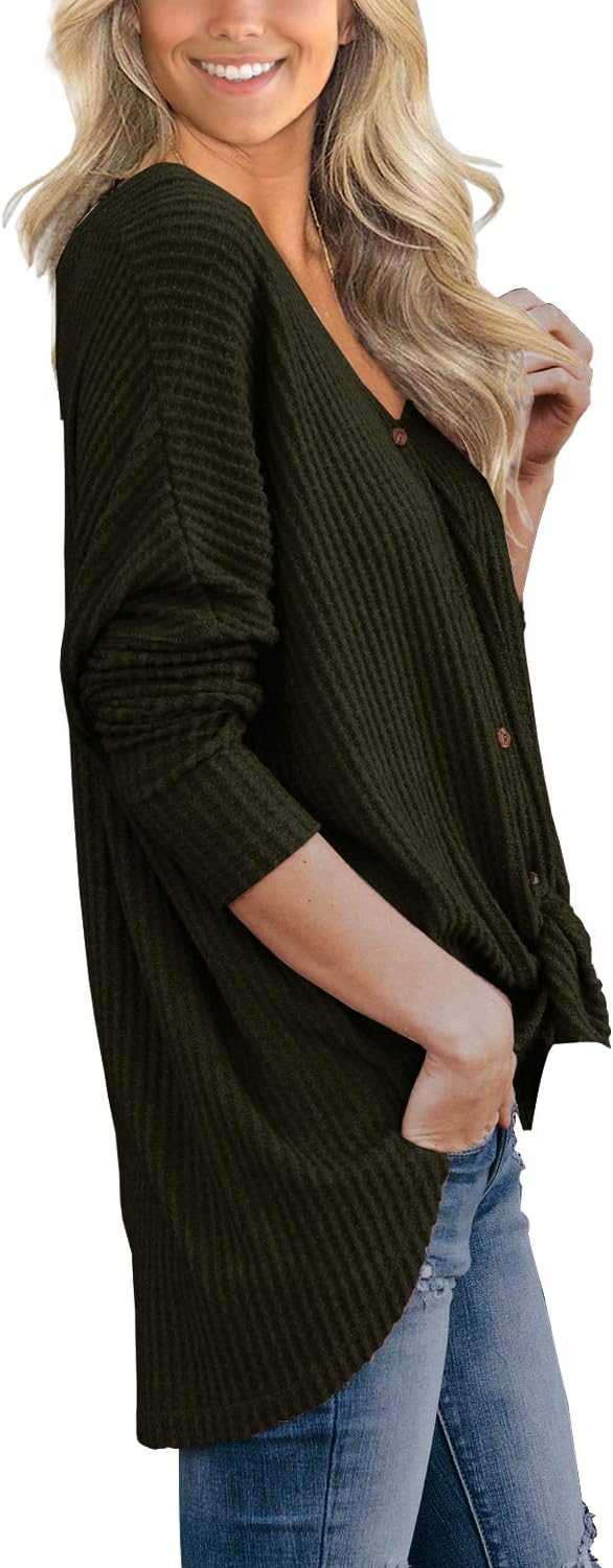 IWOLLENCE Women's Waffle Knit Tunic Blouse Tie Knot Henley Tops Loose Fitting Bat Wing Plain Shirts - Image 4