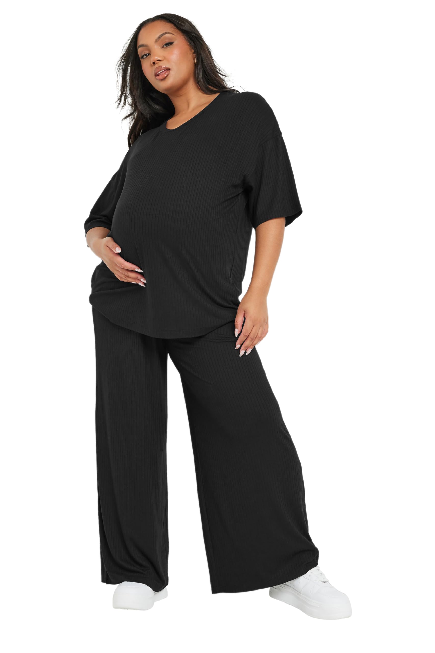 Yours Women's Black Bump It Up Maternity Curve Premium Modal Ribbed Wide Leg Trousers - Plus Size Curve