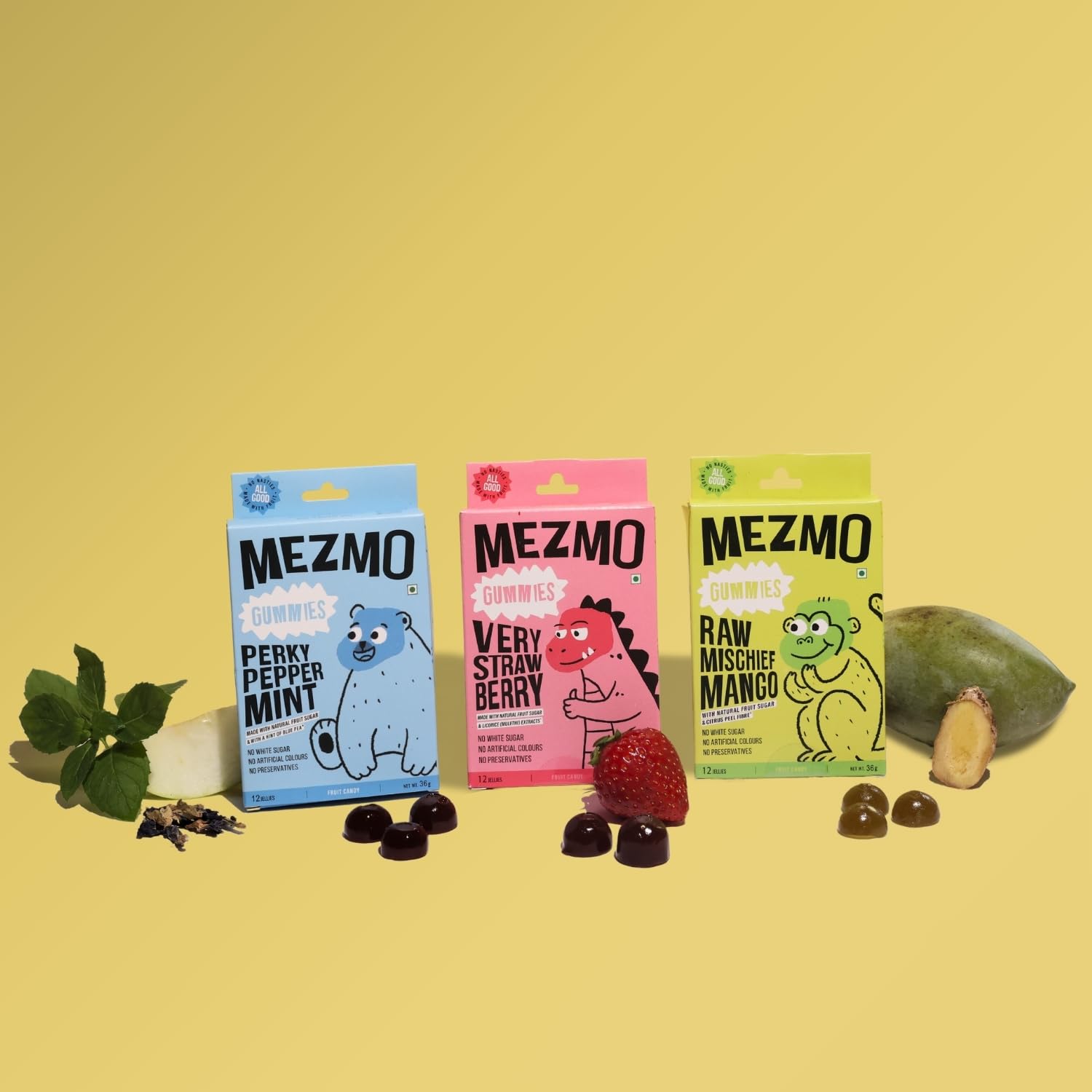 MEZMO soft jelly healthy n yummy candy with natural fruit sugar 144gms 36 jellies (Pack of 3) - Very Strawberry,Perky Peppermint & Raw Mango 3