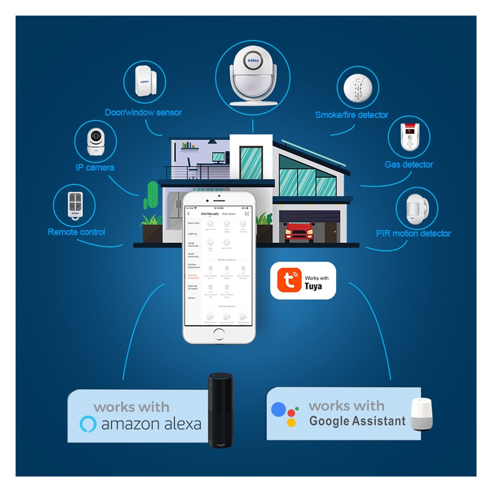 Kit Alarma Casa, Tuya Smart Home Security WIFI Sistema de alarma funciona con Alexa 120 db pir Detector Puerta/Sensor de ventana Aplicación inalámbrica ladrón(KIT 8)