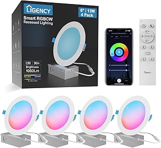 Smart Recessed Lighting 6 inch, 4 Pack 13W Ultra Thin Canless WiFi Ceiling Light Compatible with Alexa, RGBCW Color Changing Dimmable Retrofit LED Downlight with Junction Box