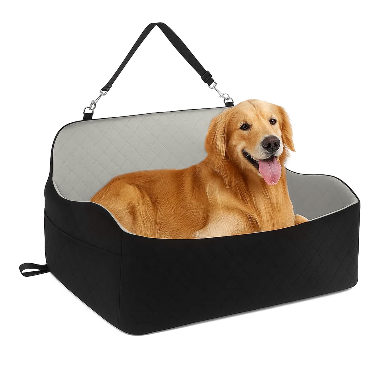 Hunde Autositz für große & mittelgroße Hunde bis 25 kg | Autositze mit Dicker Polsterung, Sicherheitsgurten & Aufbewahrungstaschen (25 kg Schwarz-Grau)