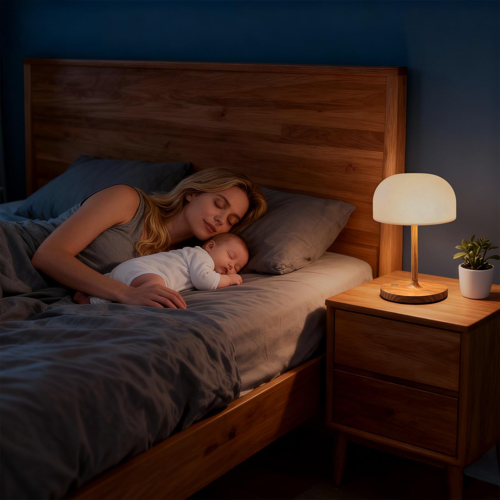 Lampara de Mesita de Noche, Lámpara de Mesa Sin Cable, Luz LED Recargable con Pantalla Redonda, Iluminación Táctil Para Uso en Interiores/Exteriores Baños y Salones - Acabado en Madera