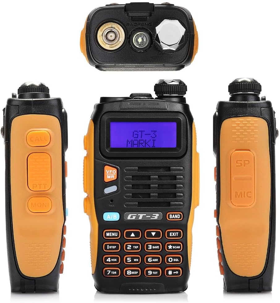 Top view of BAOFENG GT-3 Mark-II radio showing the antenna port and LED flashlight.