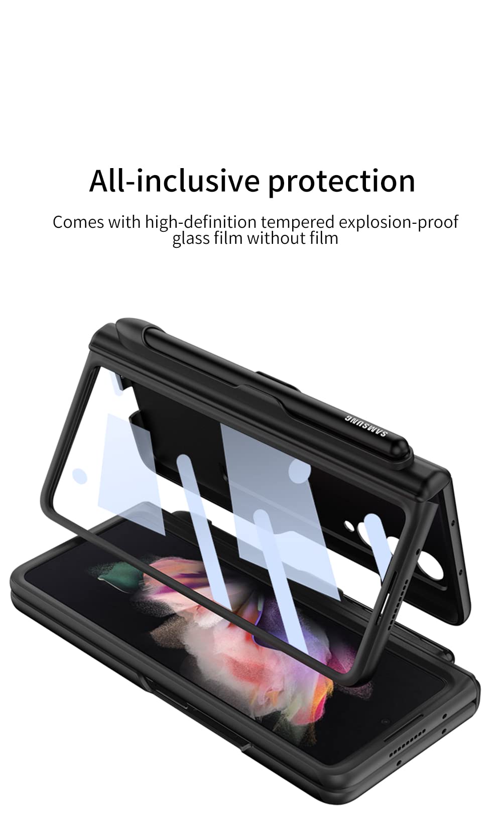 Funda para Samsung Galaxy Z Fold 3 5g Protectora de Pantalla Completa de 360 Grados Integrada Carcasa con Soporte y Titular de la Pluma Protección De Bisagra Case - Negro
