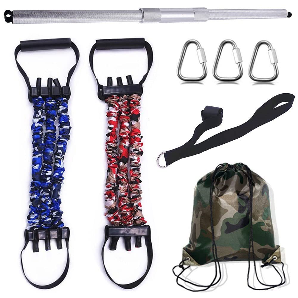 Zestaw gumowych taśm oporowych z aluminiowym potrójnym obrotowym drążkiem do pilatesu do pras przysiadów bicepsów i tricepsów treningów sprzęt do domowej siłowni