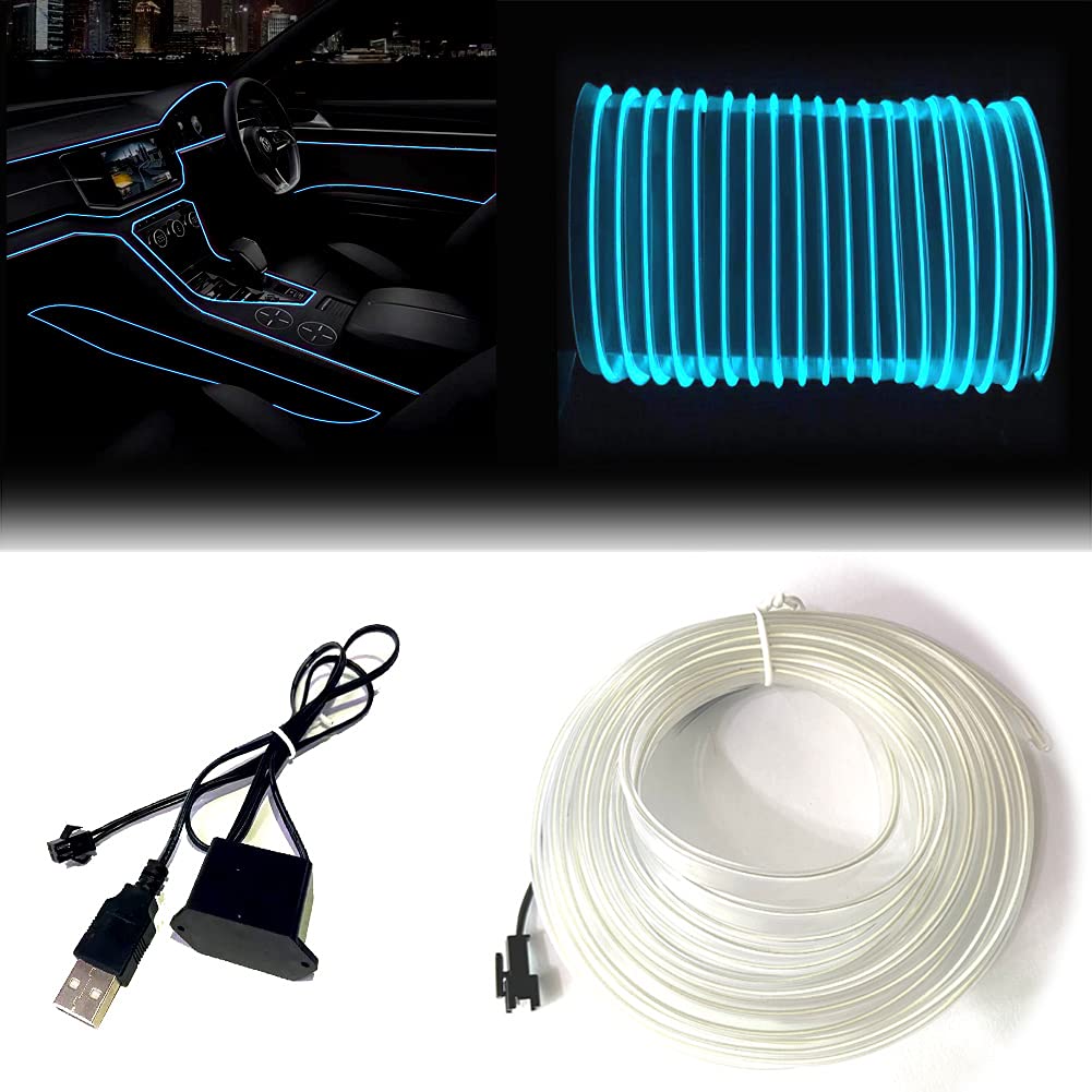 USB El Wire Ice Blue, 3M Neon Lights 5V with Fuse Protection for Automotive Car Interior Decoration with 6mm Sewing Edge., 9FT3M