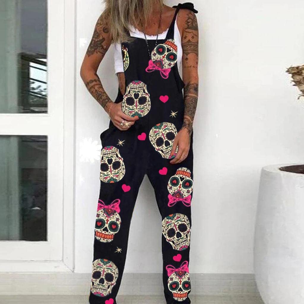 CALANDIS™ Sleeveless Overalls Multi-Printed Long Pants Halloween Decor Bowknot Skull | Womens Clothing-image-8