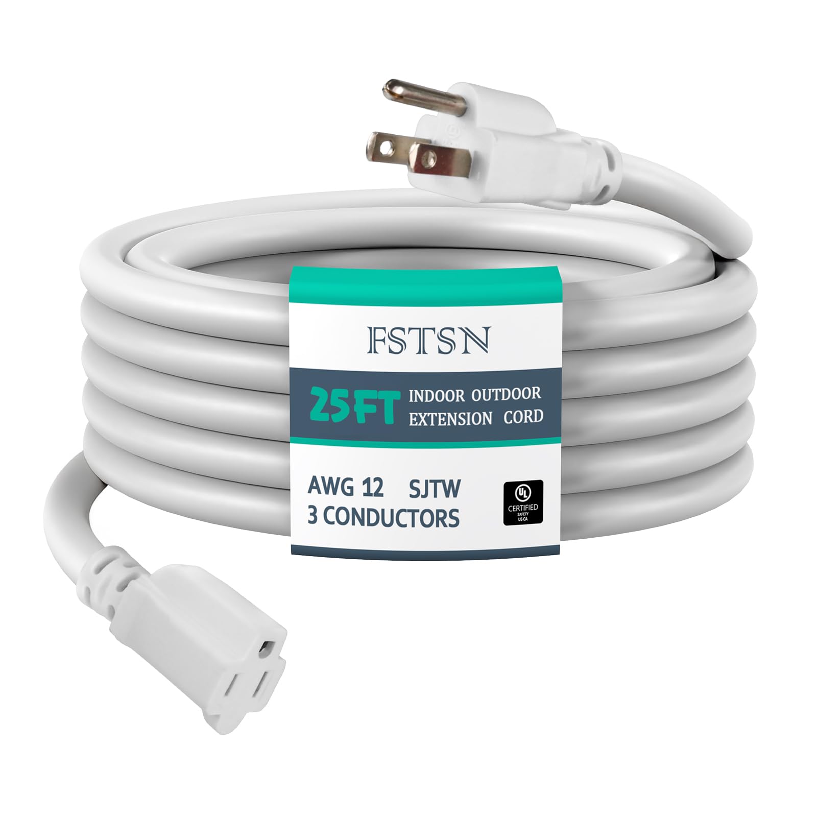 25 ft Heavy Duty Extension Cord - 12/3 SJTW 15 AMP Indoor Power Cord with 3 Prong Grounded Plug for Lawn Mower, Appliances, Workshop, Christmas Lights Water Resistant Flexible Cable White.