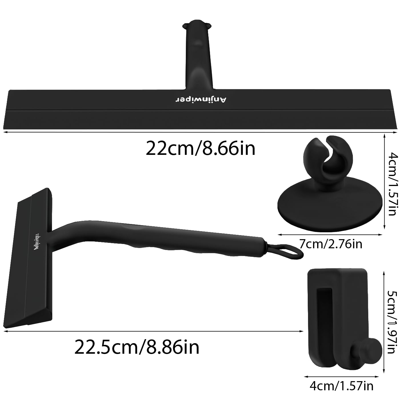 Anjinwiper Shower Squeegee for Glass Doors with Adhesive Hook, All-Purpose Squeegee for Shower Glass, Bathroom, Window, Mirror, Car Glass and Tile Wall-8.6 Inches,Black