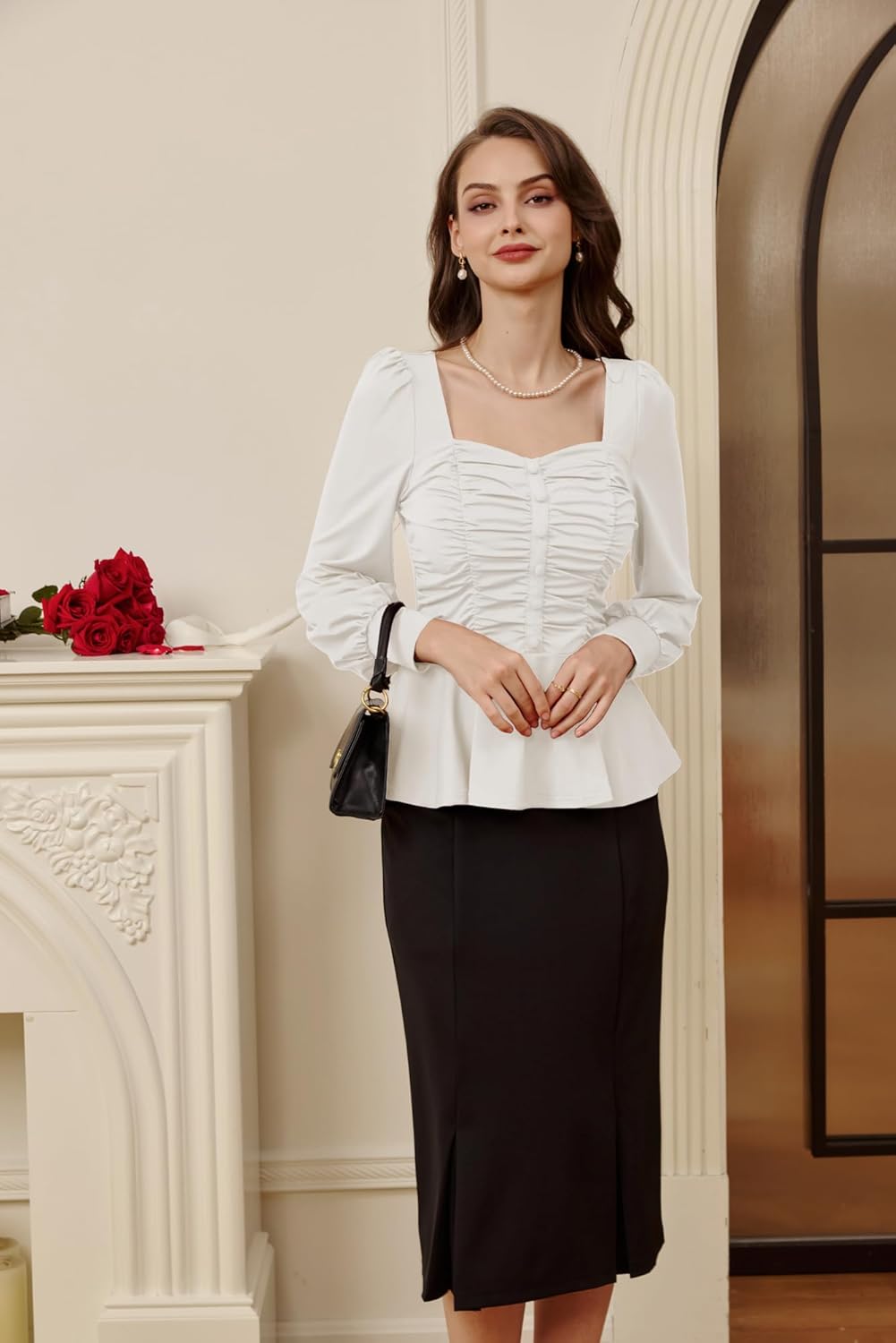 Belle Poque Peplum Tops for Women Square Neck Long Sleeve Blouses Ruffle Hem Smocked Elegant Shirts - Image 3