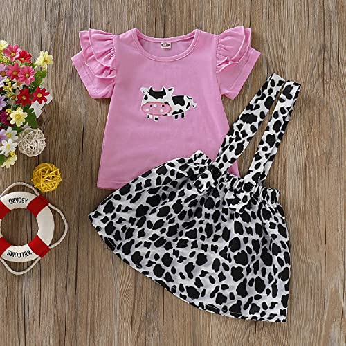 Toddler Baby Girl Ruffled Fly Sleeve Cow Top Shirts + Leopard Suspender Skirts Overall Dress Clothes Set2
